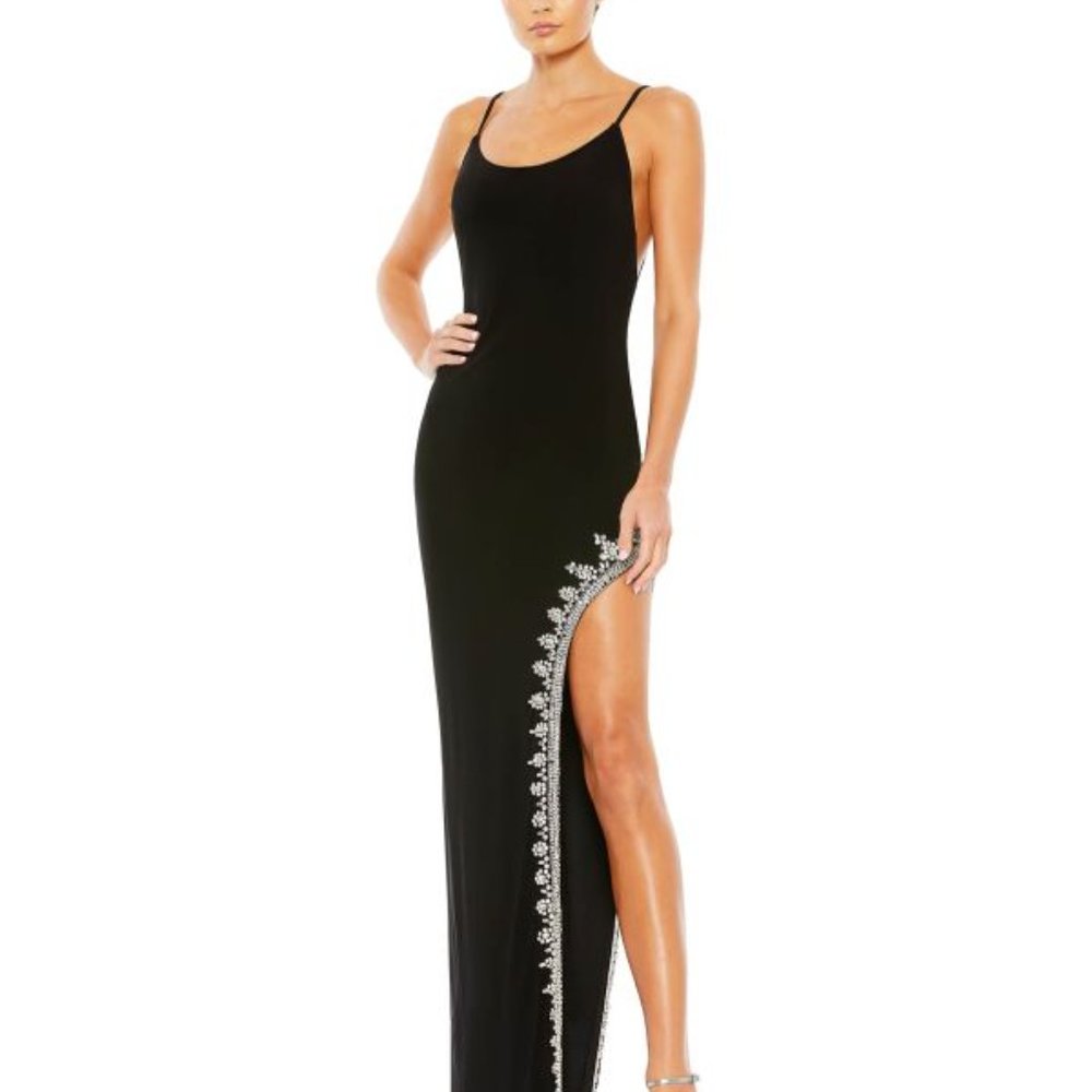 Mac Duggal Black Maxi Dress with Silver Embellished Side Slit